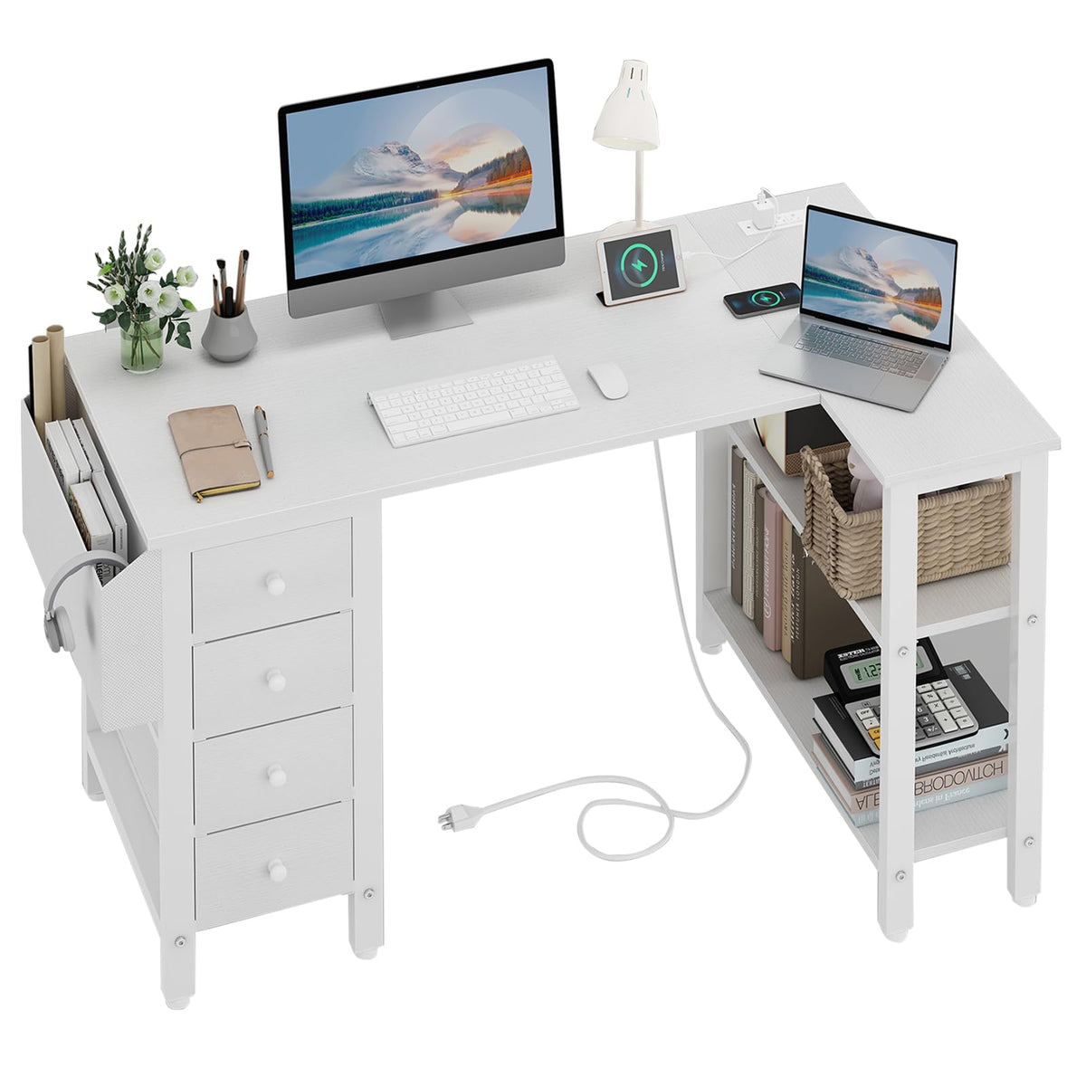 White L Shaped Computer Desk with Drawers and Storage Shelves, 47 Inch Reversible Corner Desk with Power Outlet E647
