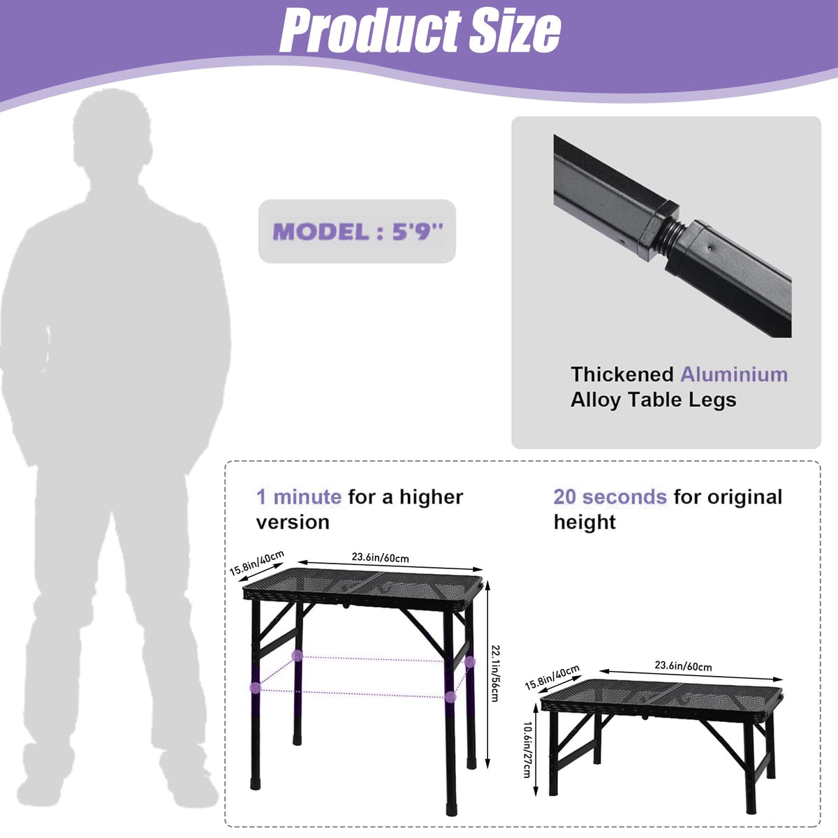 Black Adjustable Folding Camping Table U3825