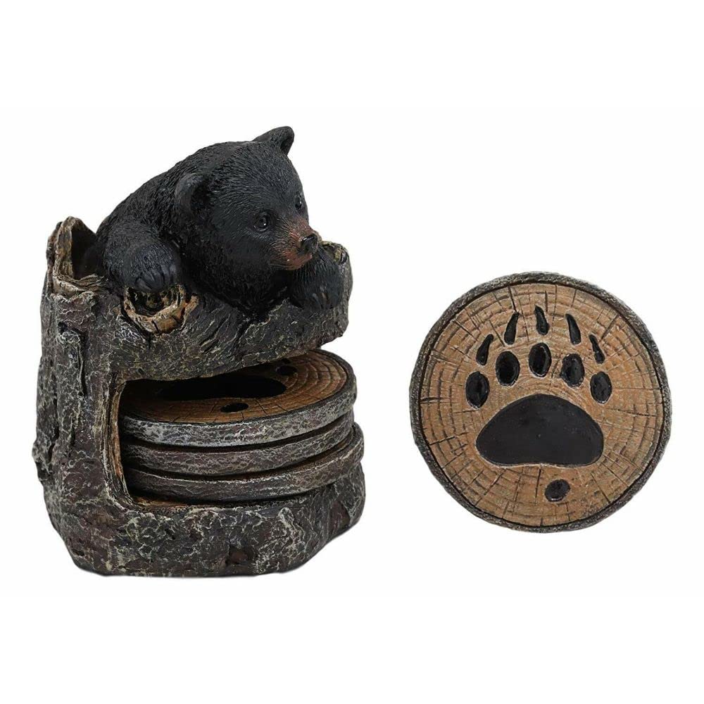 Black Bear Cub Tree Trunk Coaster Holder with 4 Coasters Set F2408