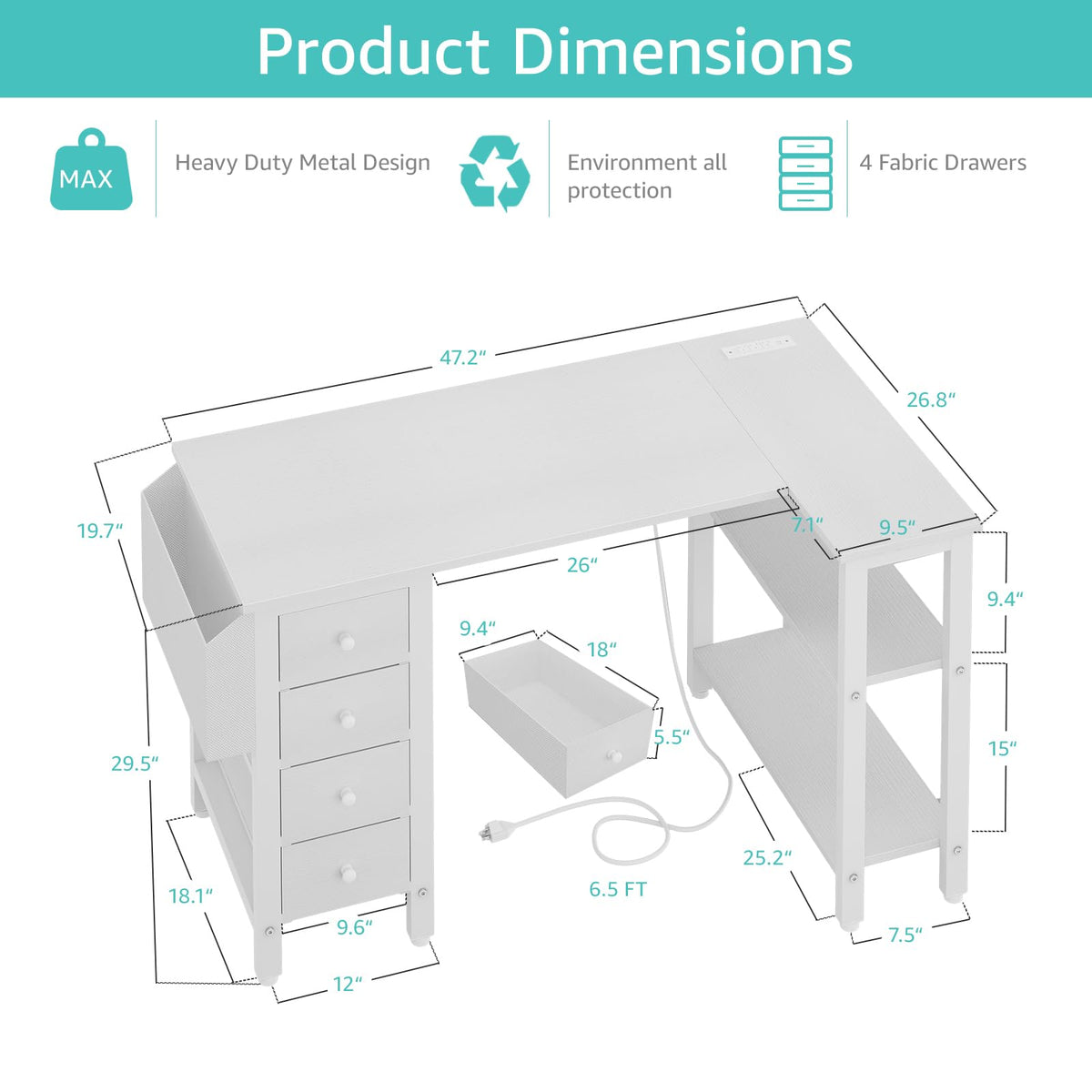 White L Shaped Computer Desk with Drawers and Storage Shelves, 47 Inch Reversible Corner Desk with Power Outlet E647