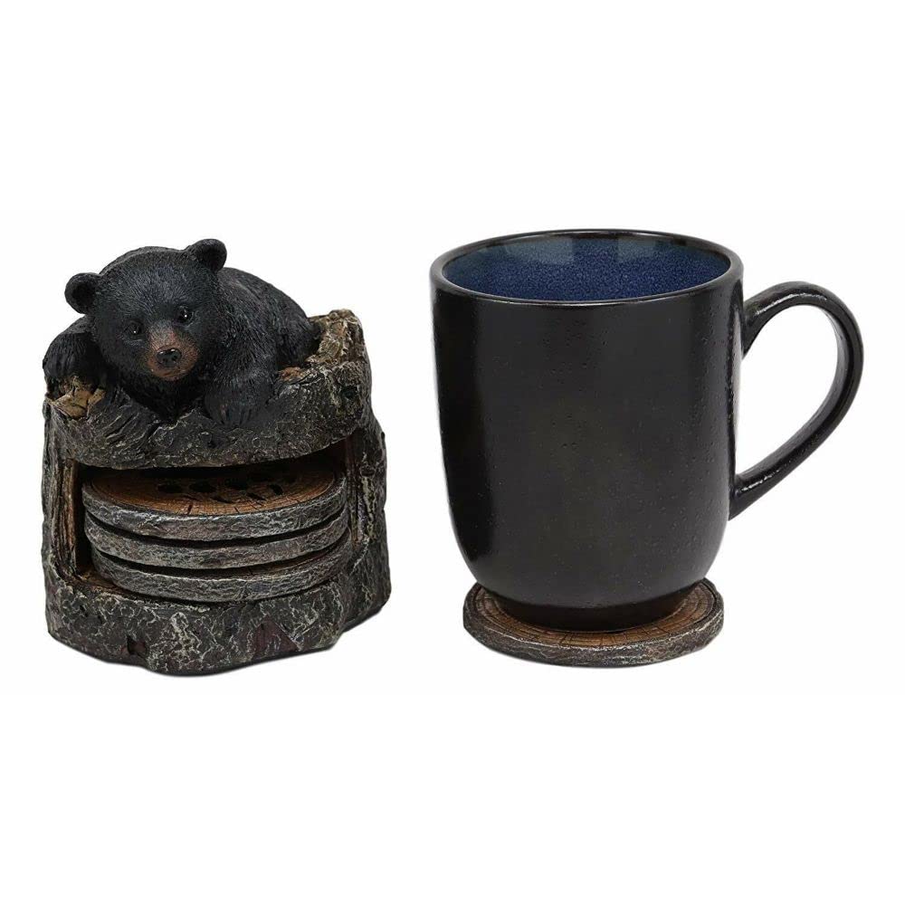 Black Bear Cub Tree Trunk Coaster Holder with 4 Coasters Set F2408