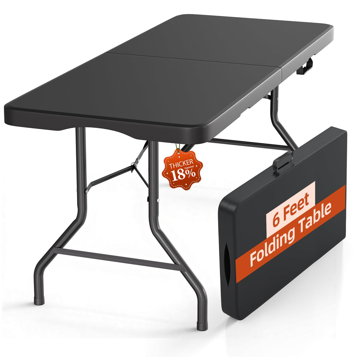 6FT Black Plastic Folding Table with Carrying Handle C381935