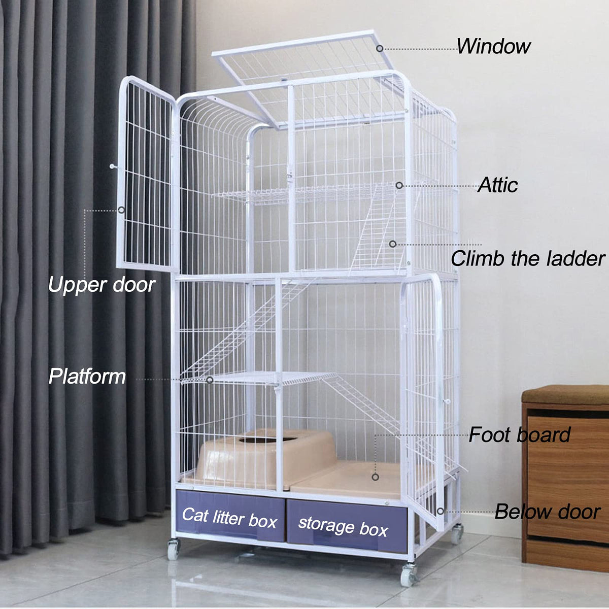 Pink Folding Metal Cat Cage Dog Crate with Four Wheels C348