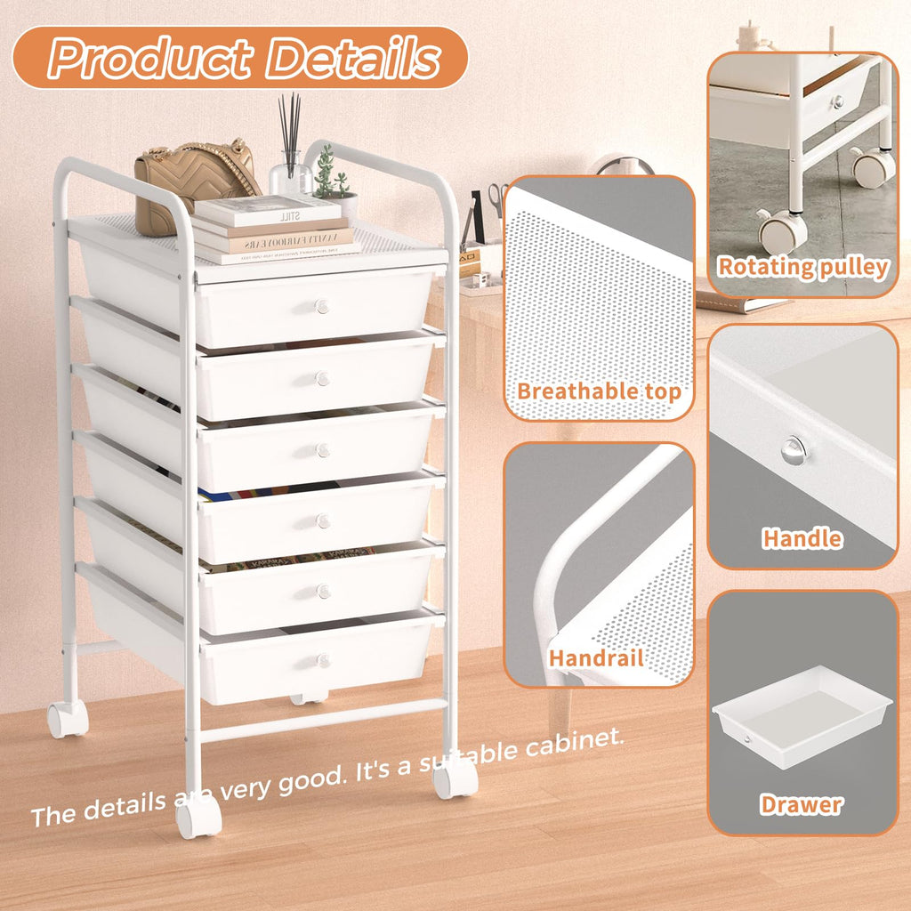 White 6 Tier Rolling Storage Cart with 6 Drawers U3111