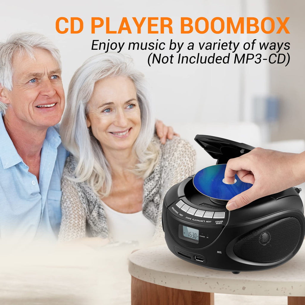 Portable CD Boombox with AM/FM Radio, Bluetooth, USB, SD Card, LCD Display, Black L757776