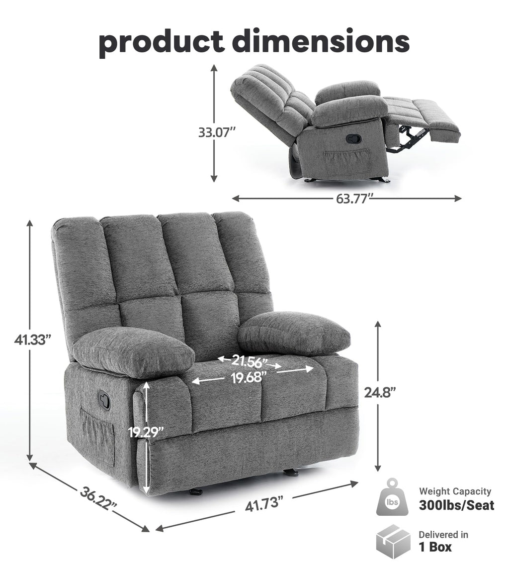 41" Oversized Chenille Rocker Recliner Chair Grey 350 LBS Capacity K29856