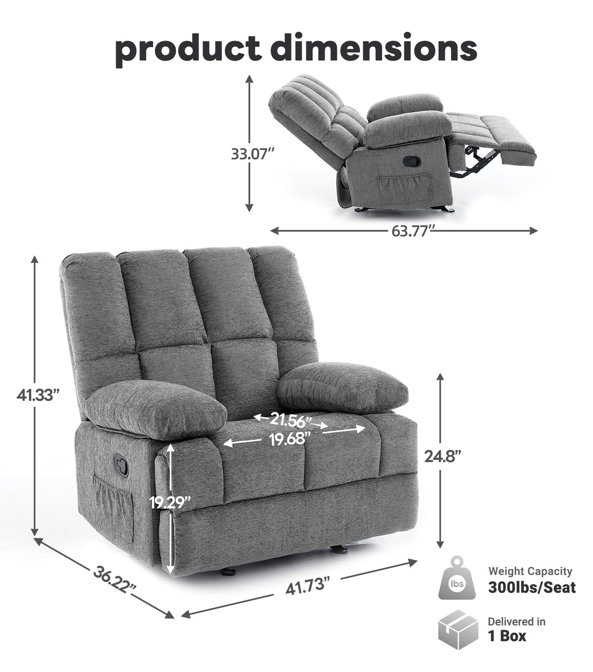 41" Oversized Chenille Rocker Recliner Chair Grey 350 LBS Capacity K29856