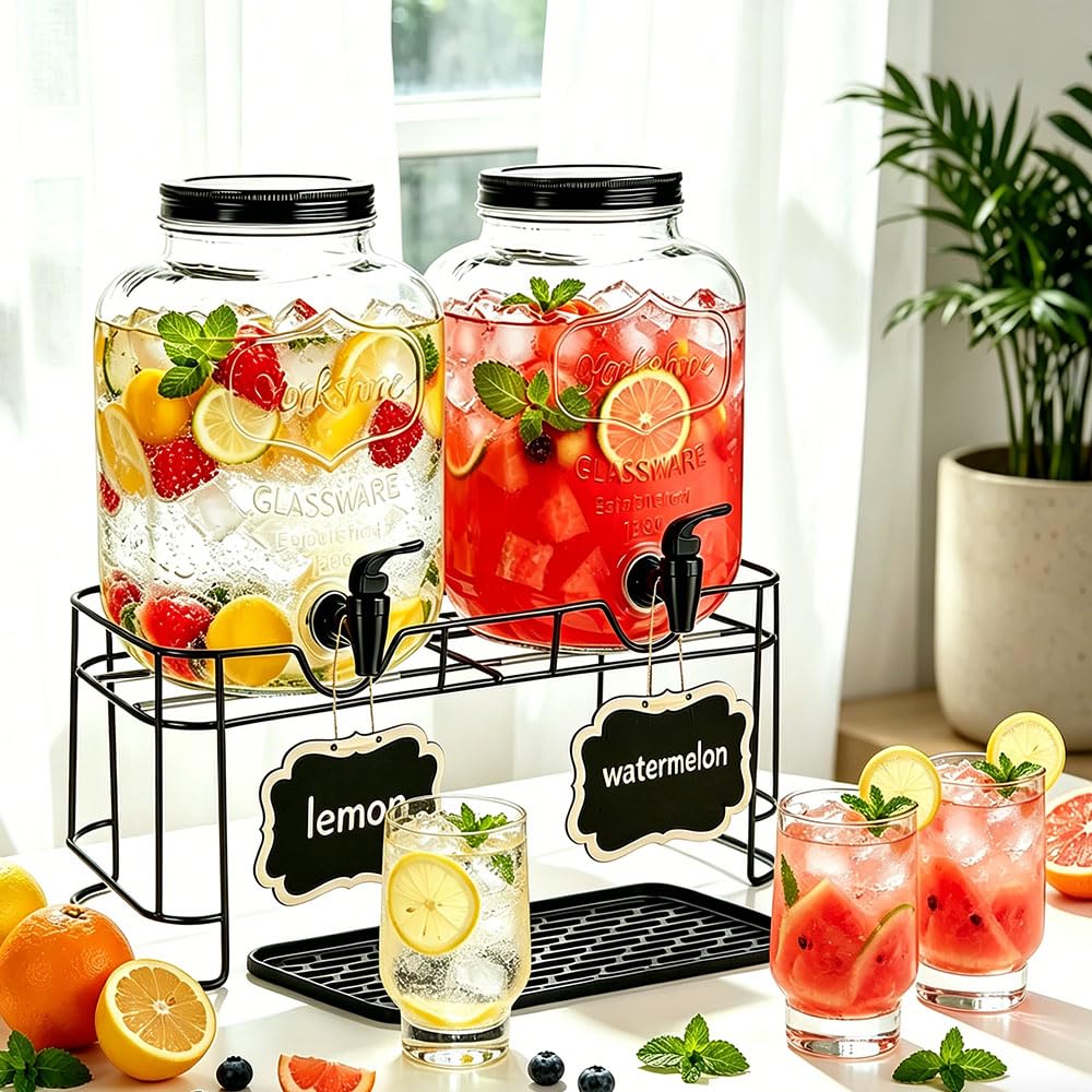 2 Pack 1.5 Gallon Glass Beverage Dispenser with Stand U521860
