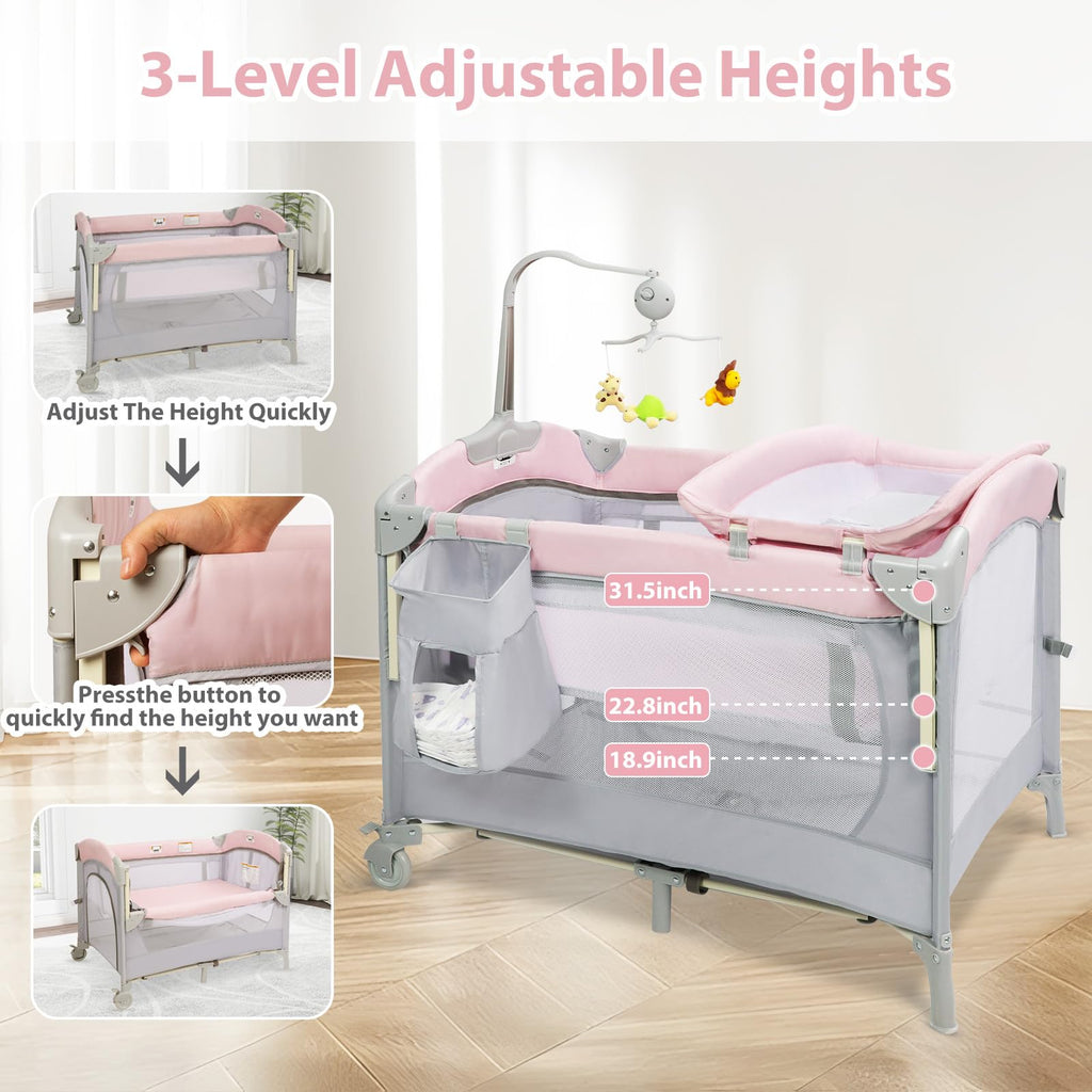5-in-1 Pink Baby Bassinet Bedside Crib G815