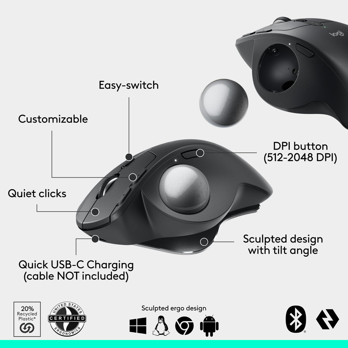 Wireless Trackball Mouse USB C Graphite X49827