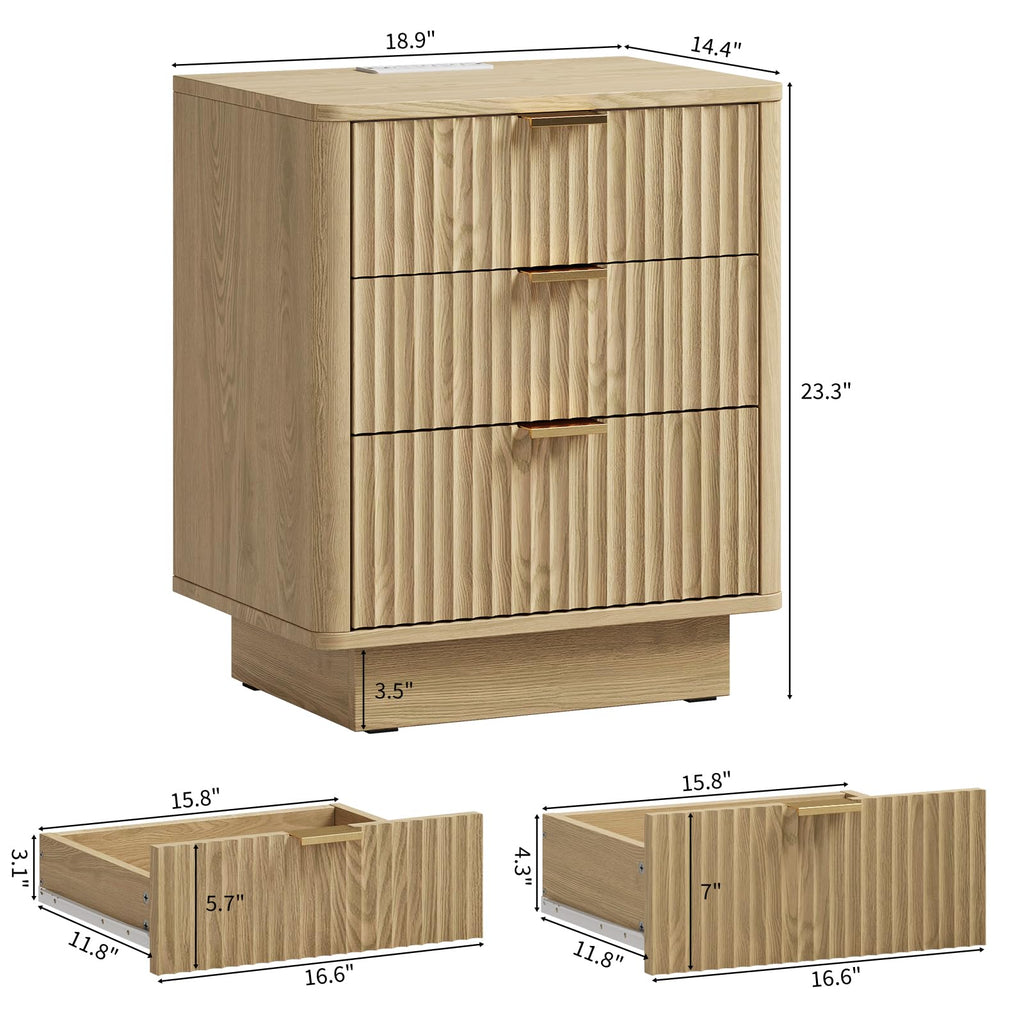 Natural 3 Drawer Nightstand with Charging Station F177513