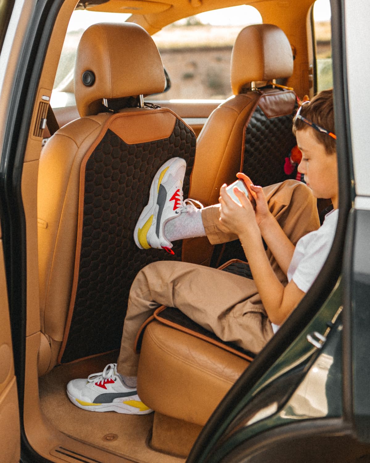 Black-Brown Backless Booster Seat, Waterproof Leather Seat Protector & Kick Mat Set Y58727