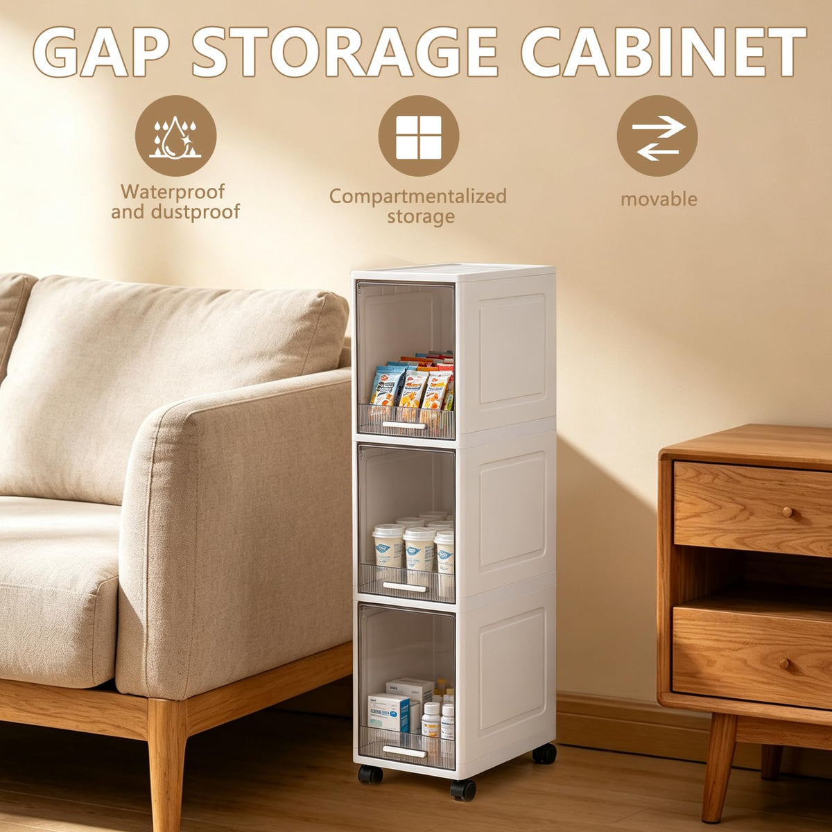Narrow 3 Tier Bathroom Storage Cabinet with Wheels Z82593