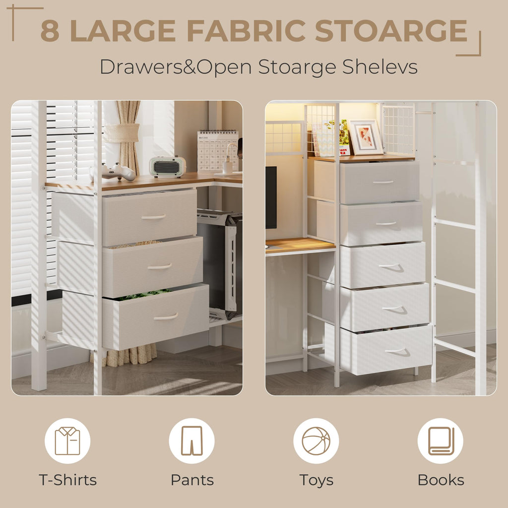 White Twin Size Metal Loft Bed with L-Shaped Desk and 8 Storage Drawers I220082
