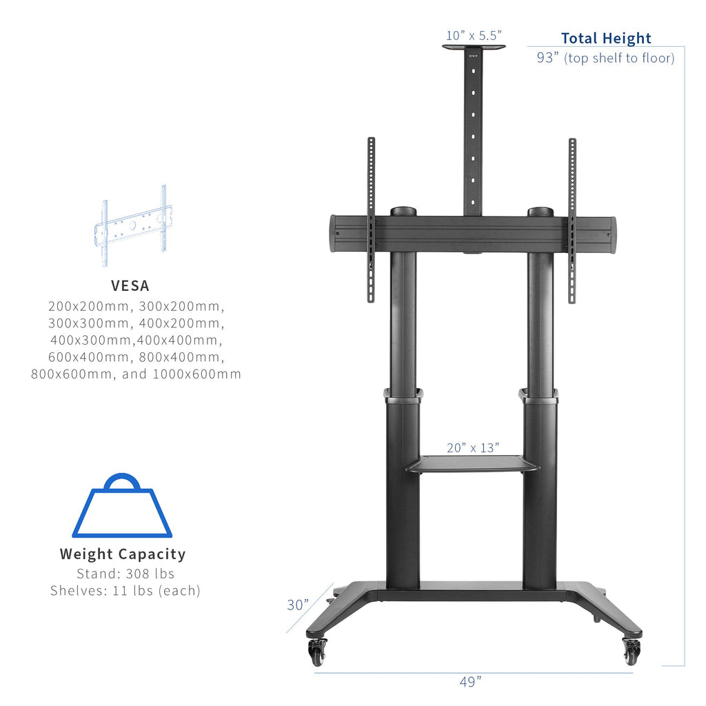 Aluminum Mobile TV Cart for 32 to 120 inch Screens up to 308 lbs, Black J914