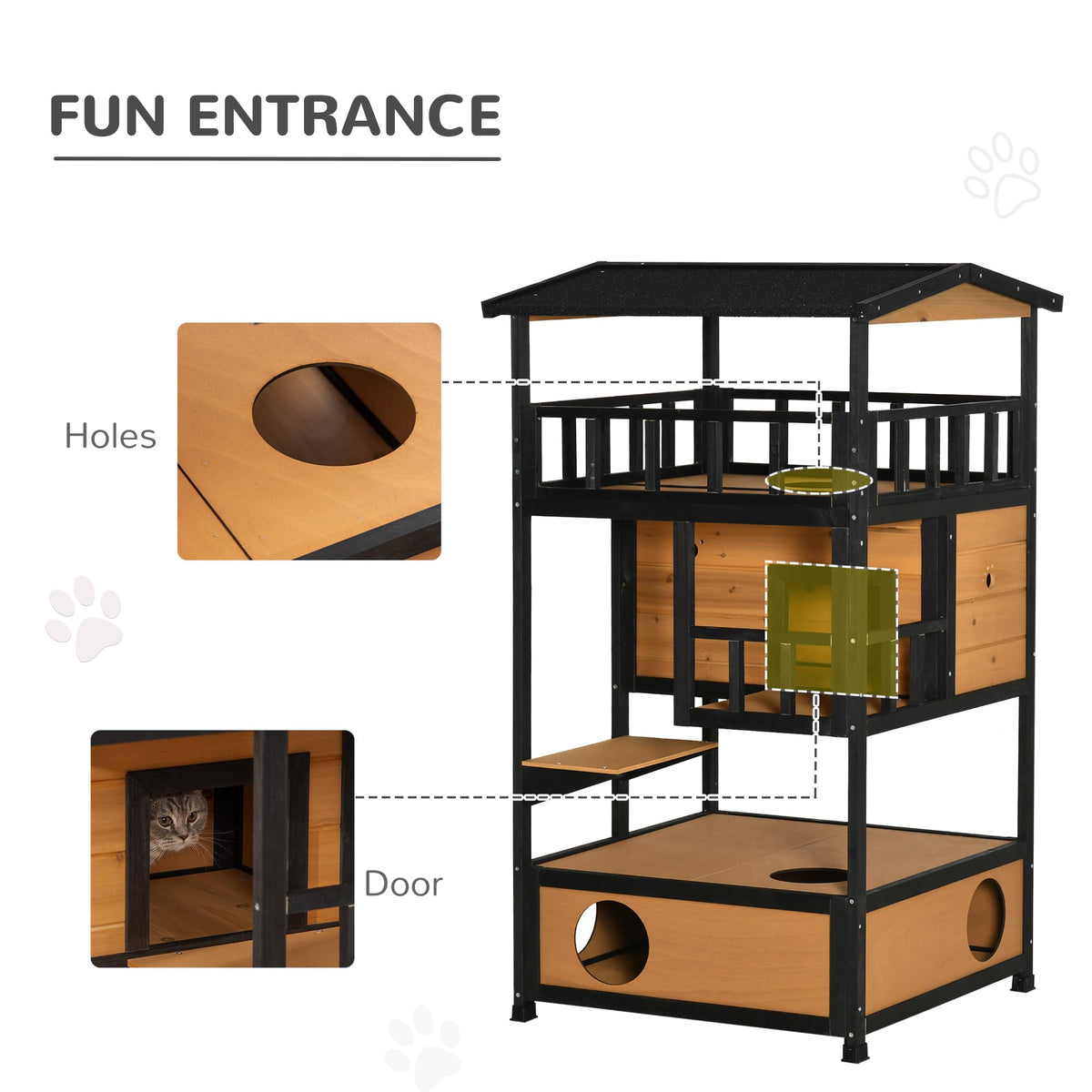 3-Story Wooden Outdoor Cat House with Raised Floor Q4396