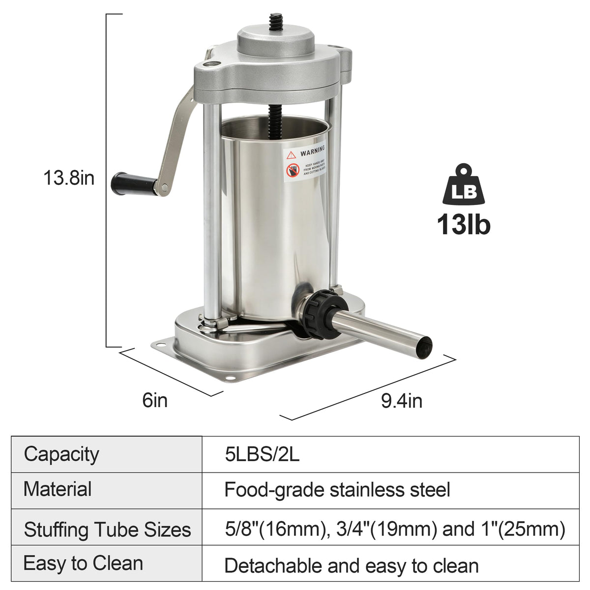 5lb Stainless Steel Sausage Stuffer with 3 Stuffing Tubes C758