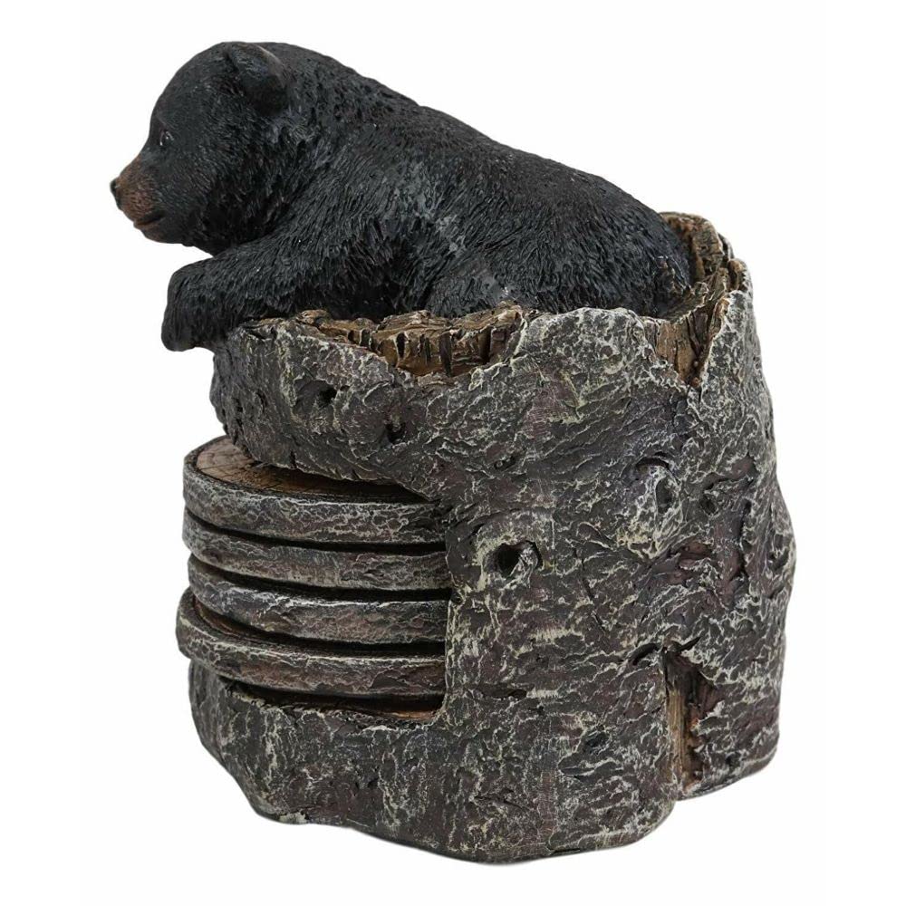 Black Bear Cub Tree Trunk Coaster Holder with 4 Coasters Set F2408