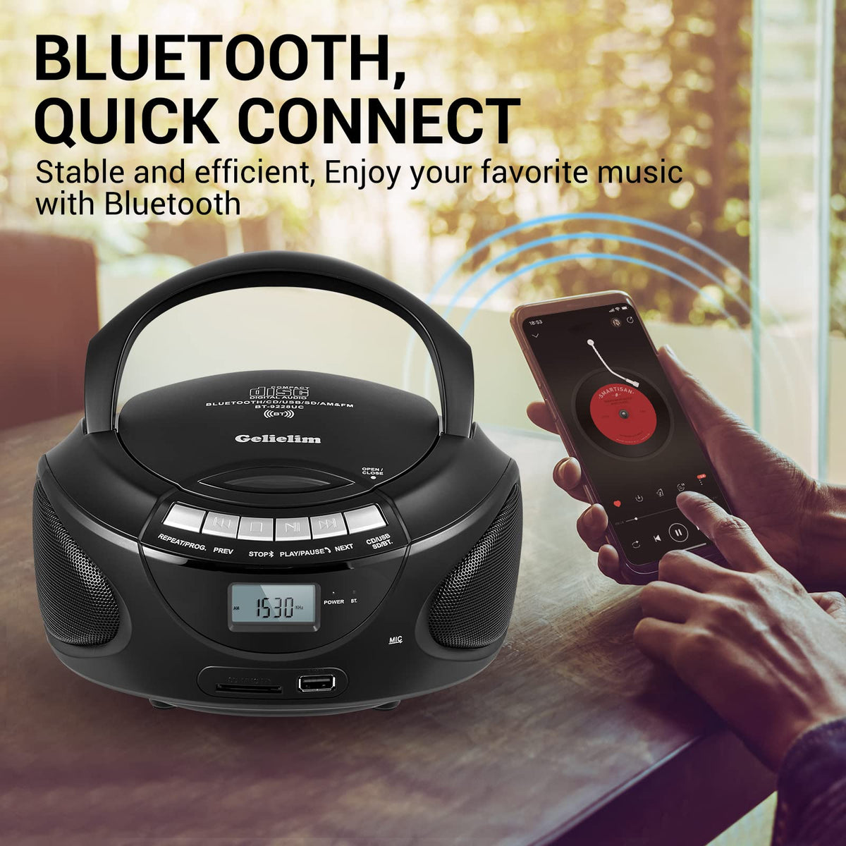 Portable CD Boombox with AM/FM Radio, Bluetooth, USB, SD Card, LCD Display, Black L757776