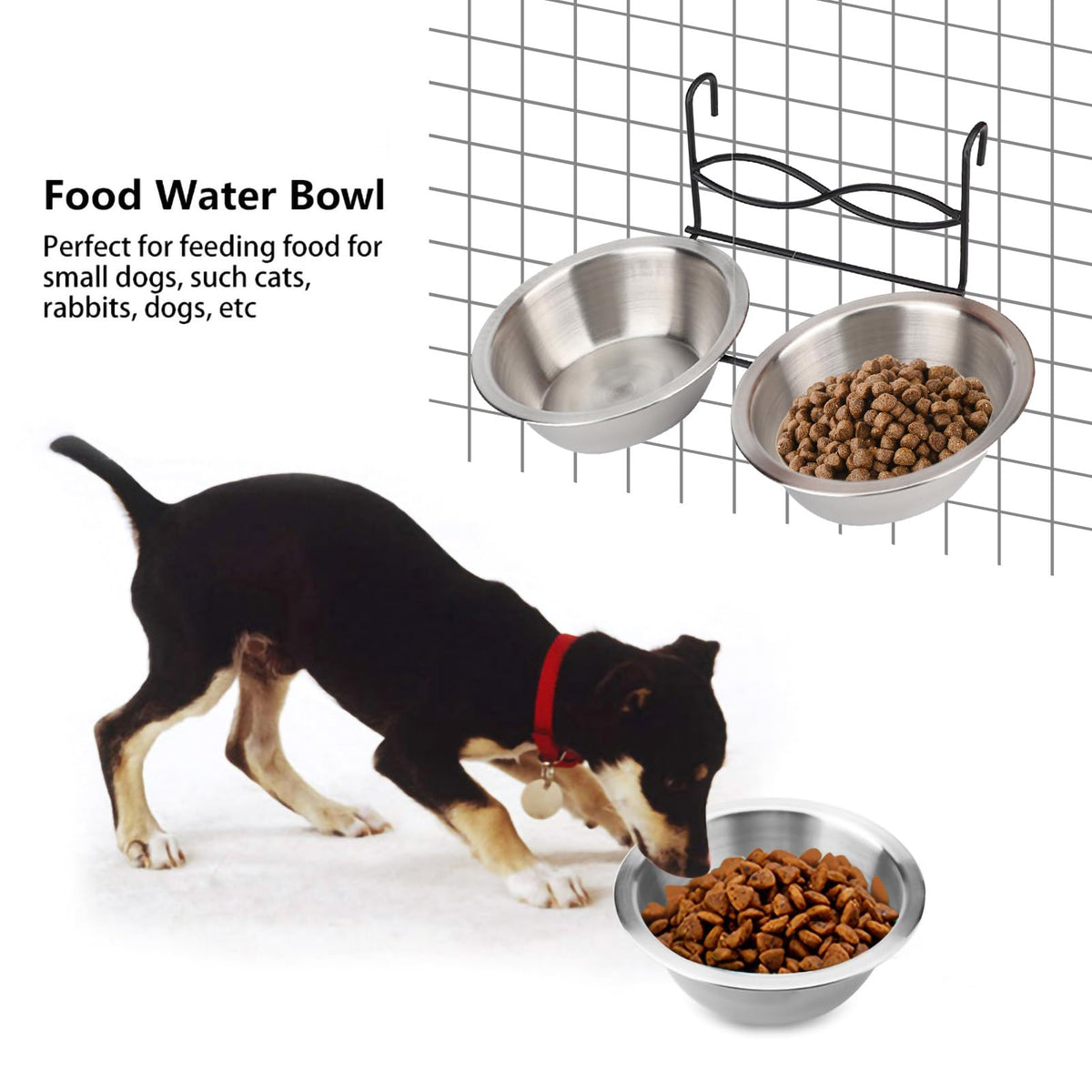 Stainless Steel Hanging Pet Bowls, 2 Bowls 1 Hook G365795