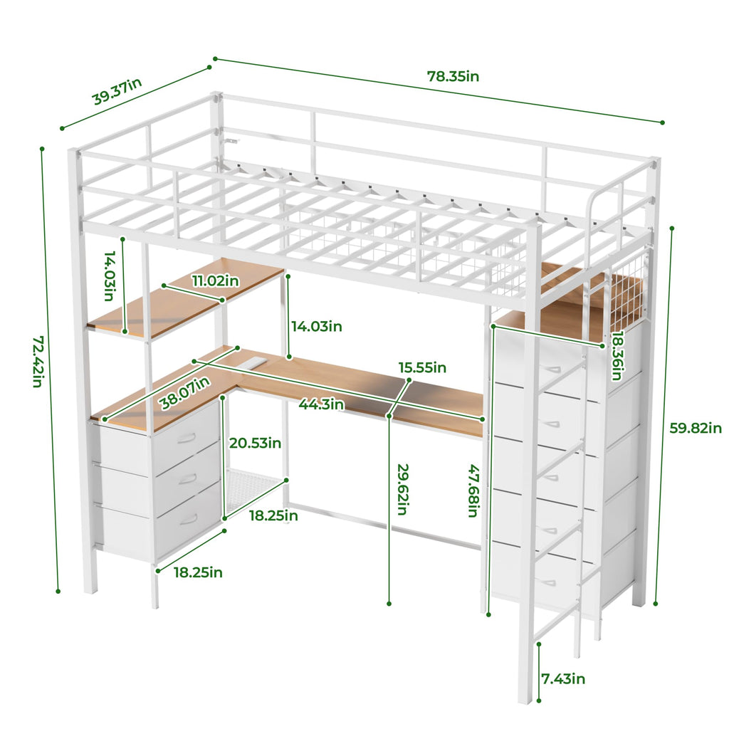 White Twin Size Metal Loft Bed with L-Shaped Desk and 8 Storage Drawers I220082