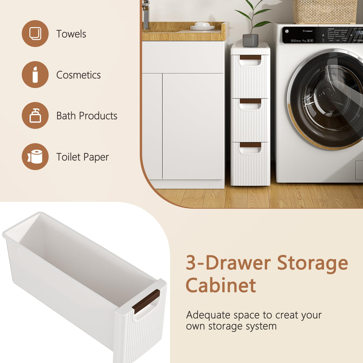 3 Drawer White Rolling Storage Cabinet J804194