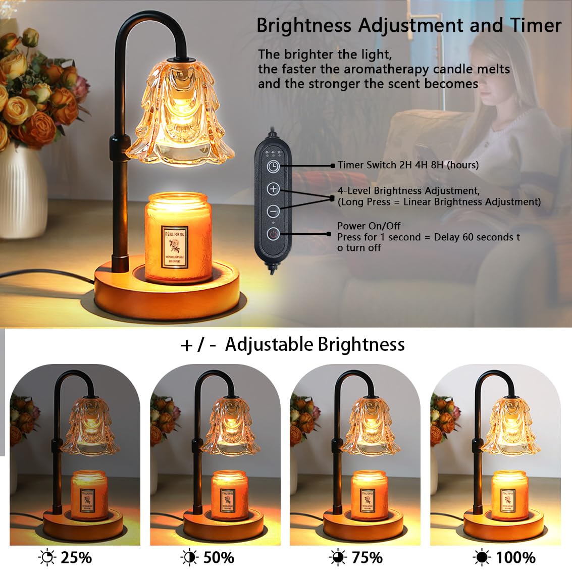 Candle Warmer Lamp with Timer Dimmer Adjustable Height Black W834
