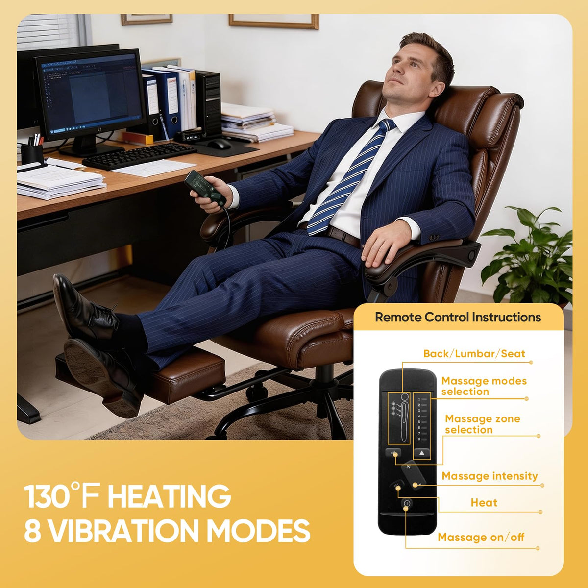 Brown Heated Massage Reclining Leather Office Chair with Foot Rest Y323