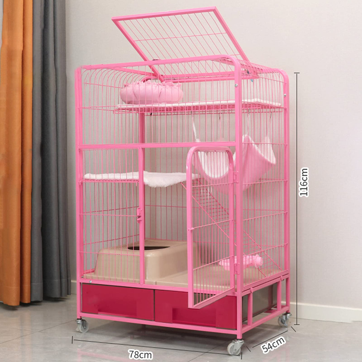 Pink Folding Metal Cat Cage Dog Crate with Four Wheels C348
