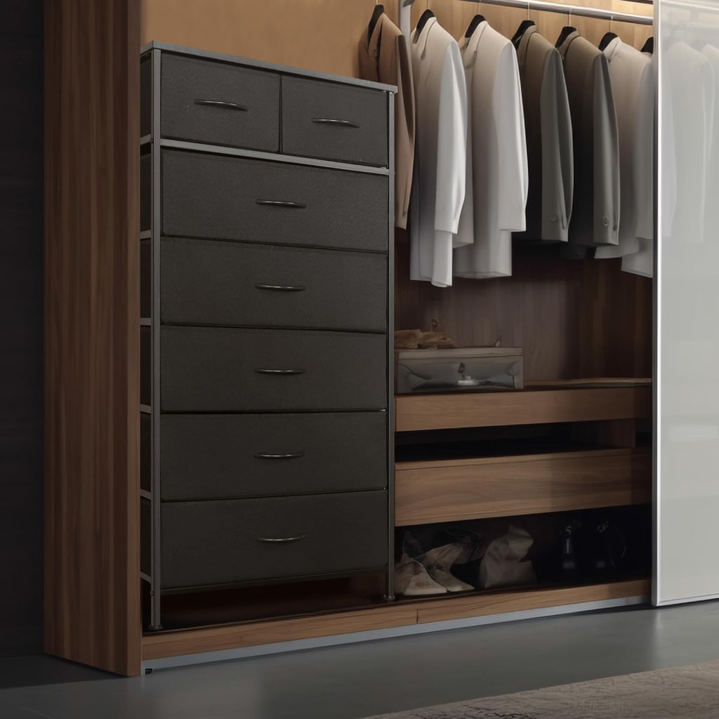 Black 7 Drawer Tall Dresser with Fabric Bins P49296