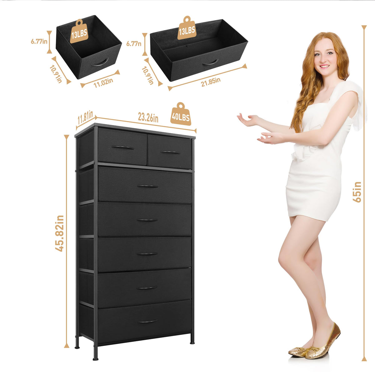 Black 7 Drawer Tall Dresser with Fabric Bins P49296