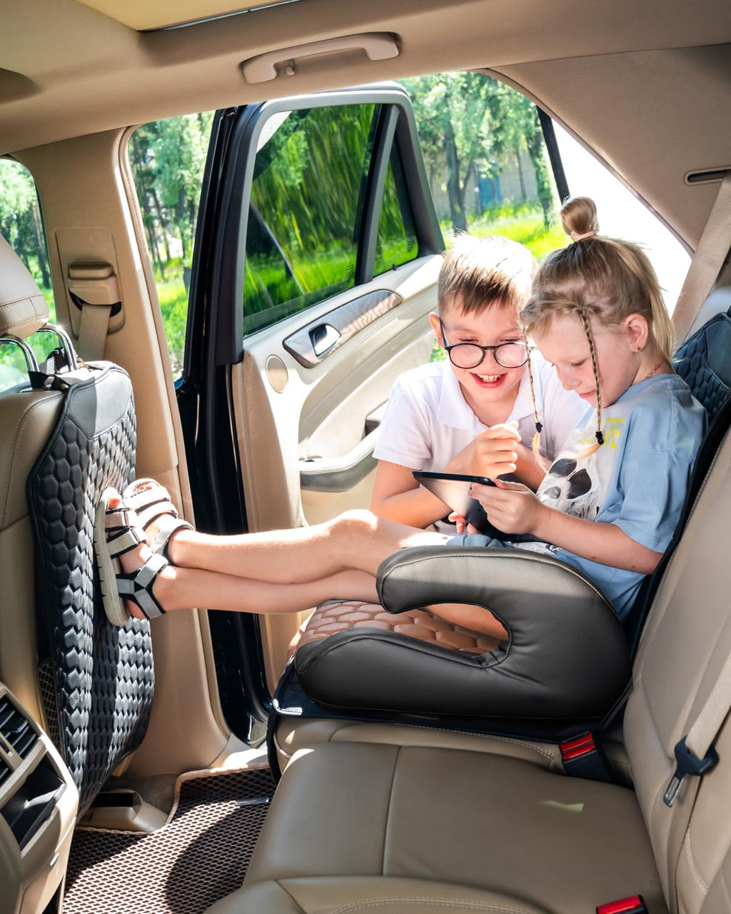 Black-Brown Backless Booster Seat, Waterproof Leather Seat Protector & Kick Mat Set Y58727