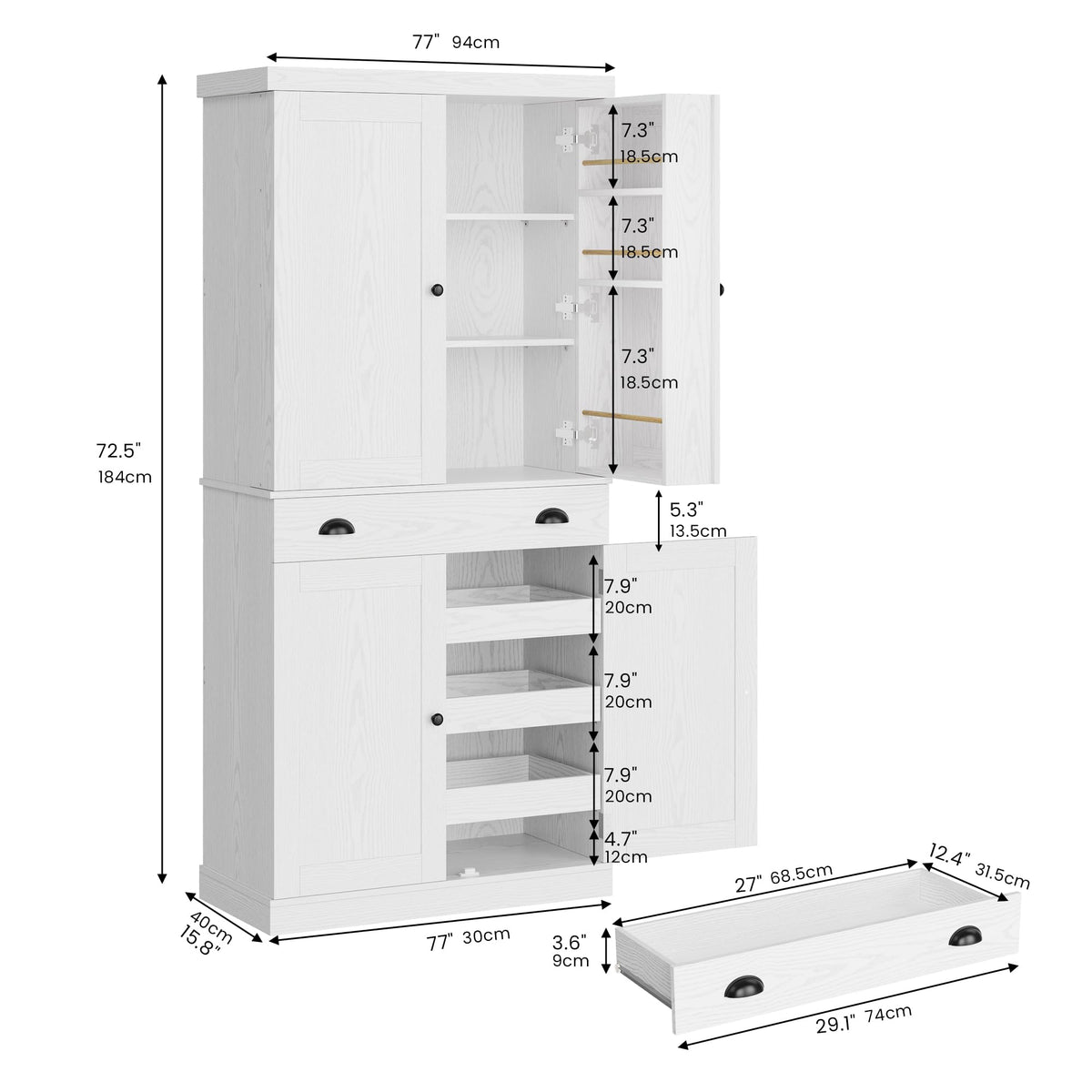72" White Kitchen Pantry Cabinet with Drawer Q974029