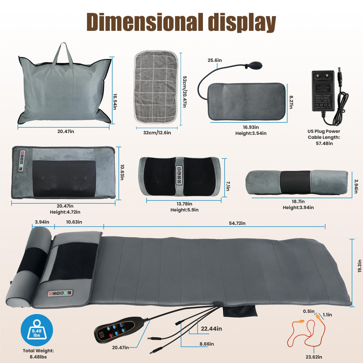 Full Body Massage Mat with Heat, 10 Vibrating Nodes, 9 Modes, 3 Heating Levels, Detachable Neck Foot Massager C5911