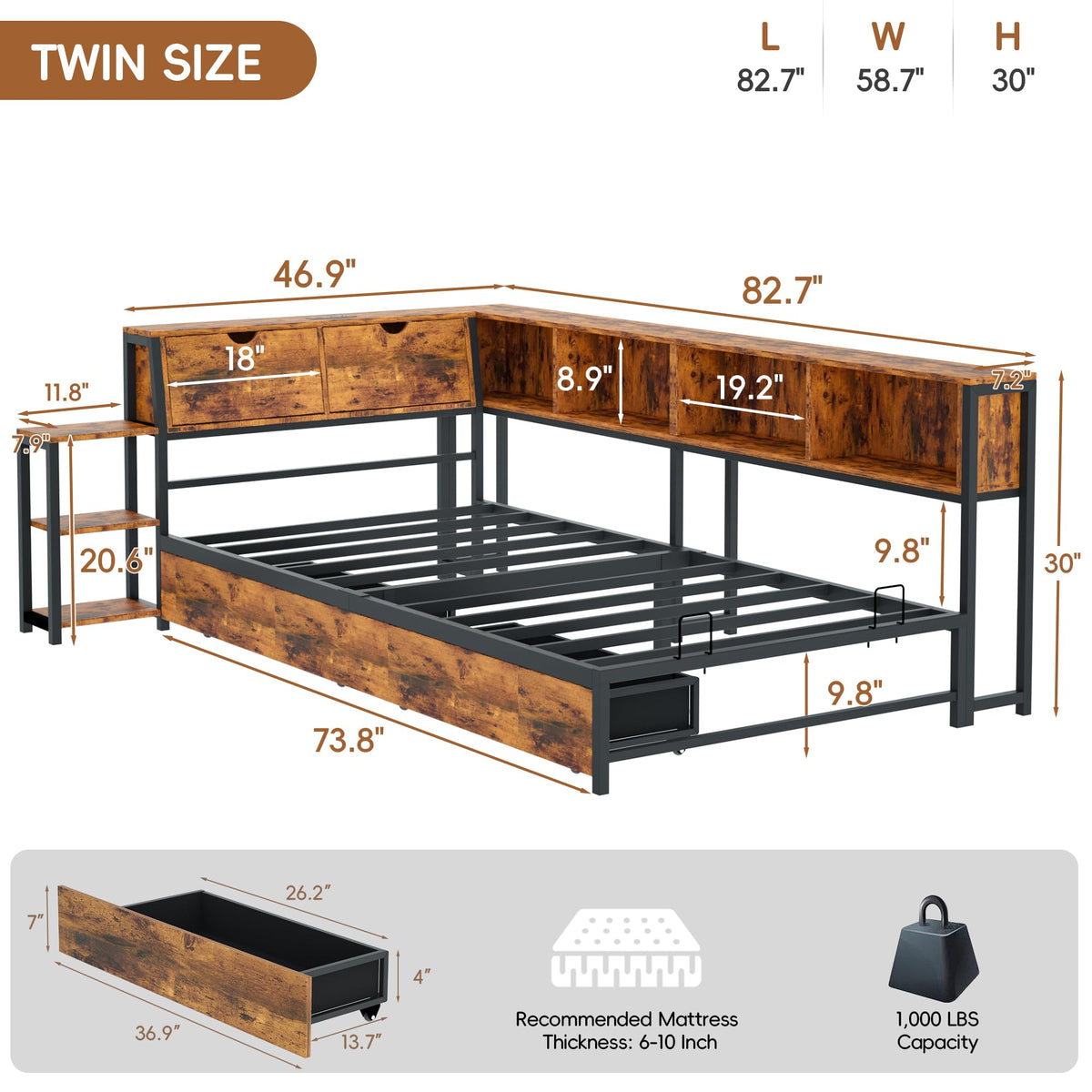 Brown Twin Corner Bed Frame with Storage Bookcase and Bedside Rack Y218905
