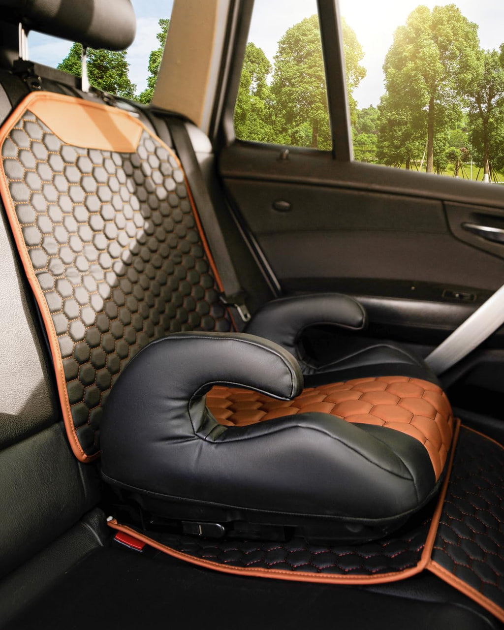 Black-Brown Backless Booster Seat, Waterproof Leather Seat Protector & Kick Mat Set Y58727