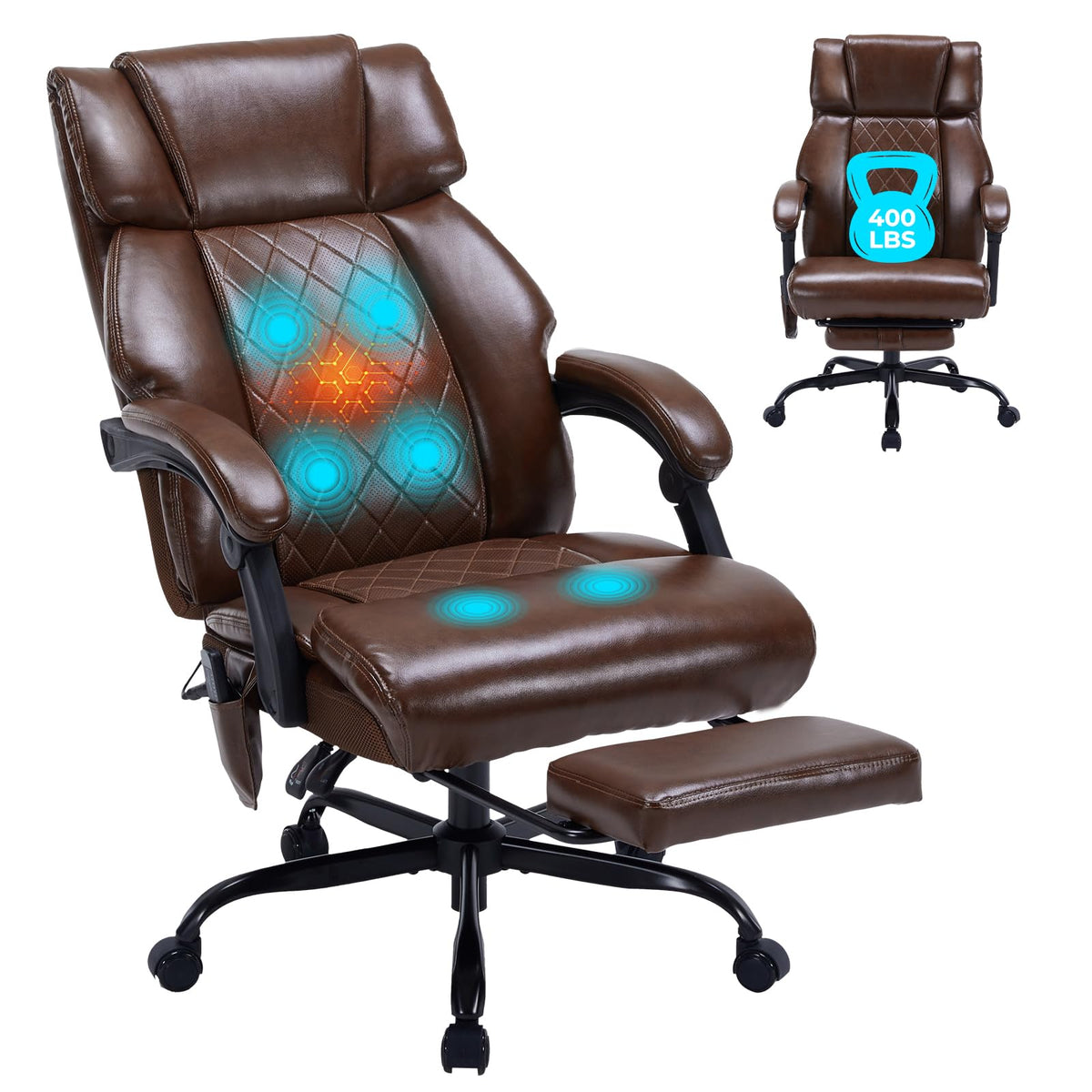Brown Heated Massage Reclining Leather Office Chair with Foot Rest Y323
