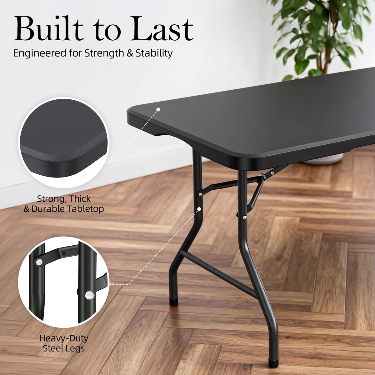 6FT Black Plastic Folding Table with Carrying Handle C381935