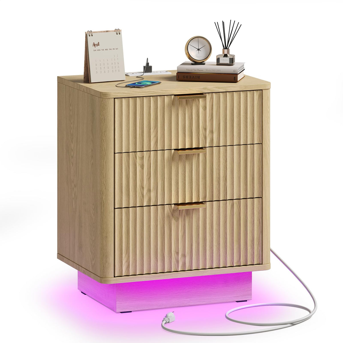 Natural 3 Drawer Nightstand with Charging Station F177513