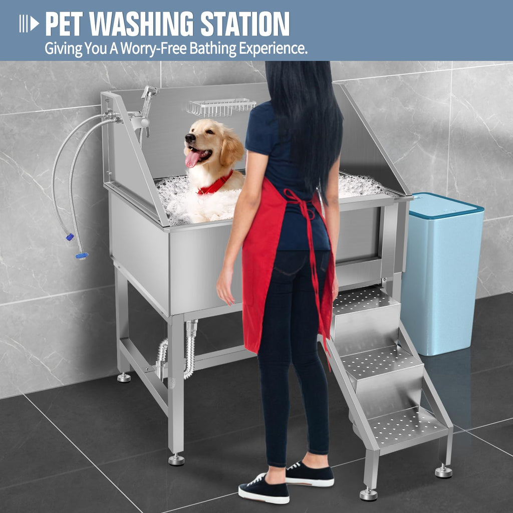 38" Stainless Steel Dog Grooming Tub with Stairs N166559