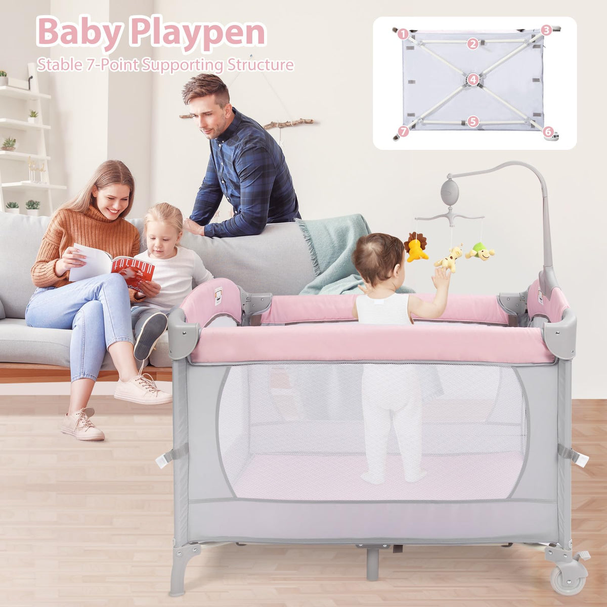 5-in-1 Pink Baby Bassinet Bedside Crib G815