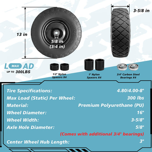 16" Flat Free Solid Rubber Wheelbarrow Wheels, 2 Pack Z15173