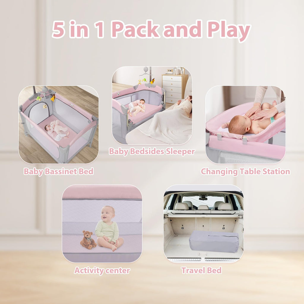 5-in-1 Pink Baby Bassinet Bedside Crib G815