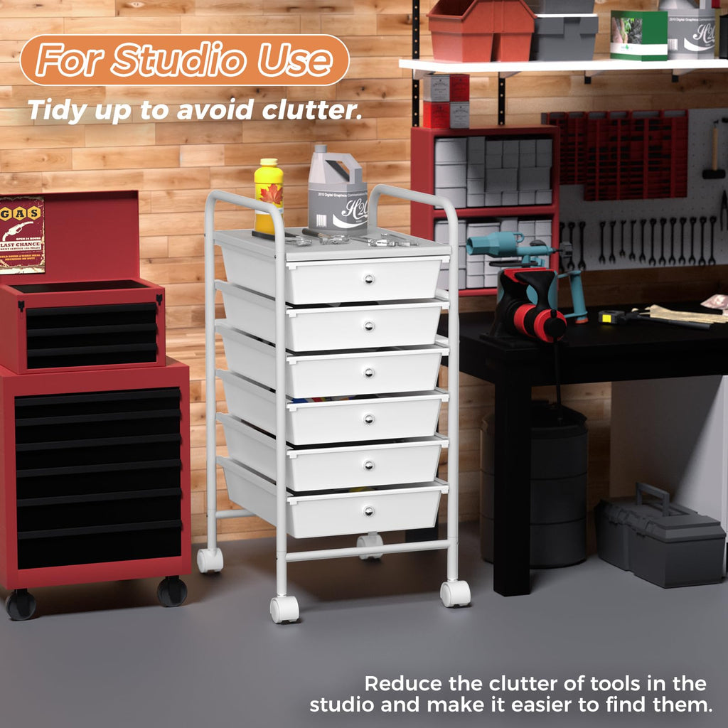 White 6 Tier Rolling Storage Cart with 6 Drawers U3111