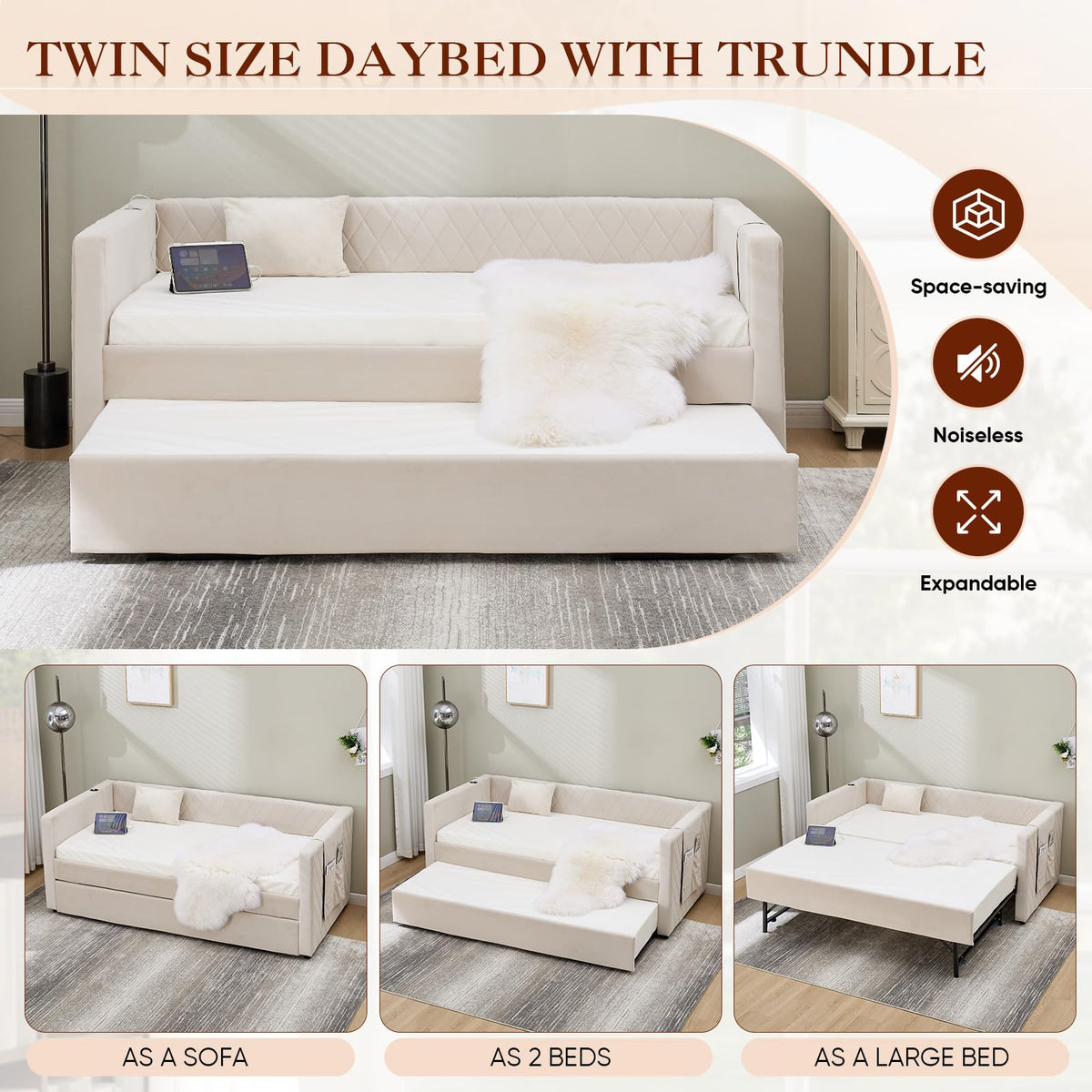 Twin Size Velvet Upholstered Daybed with Trundle J698237