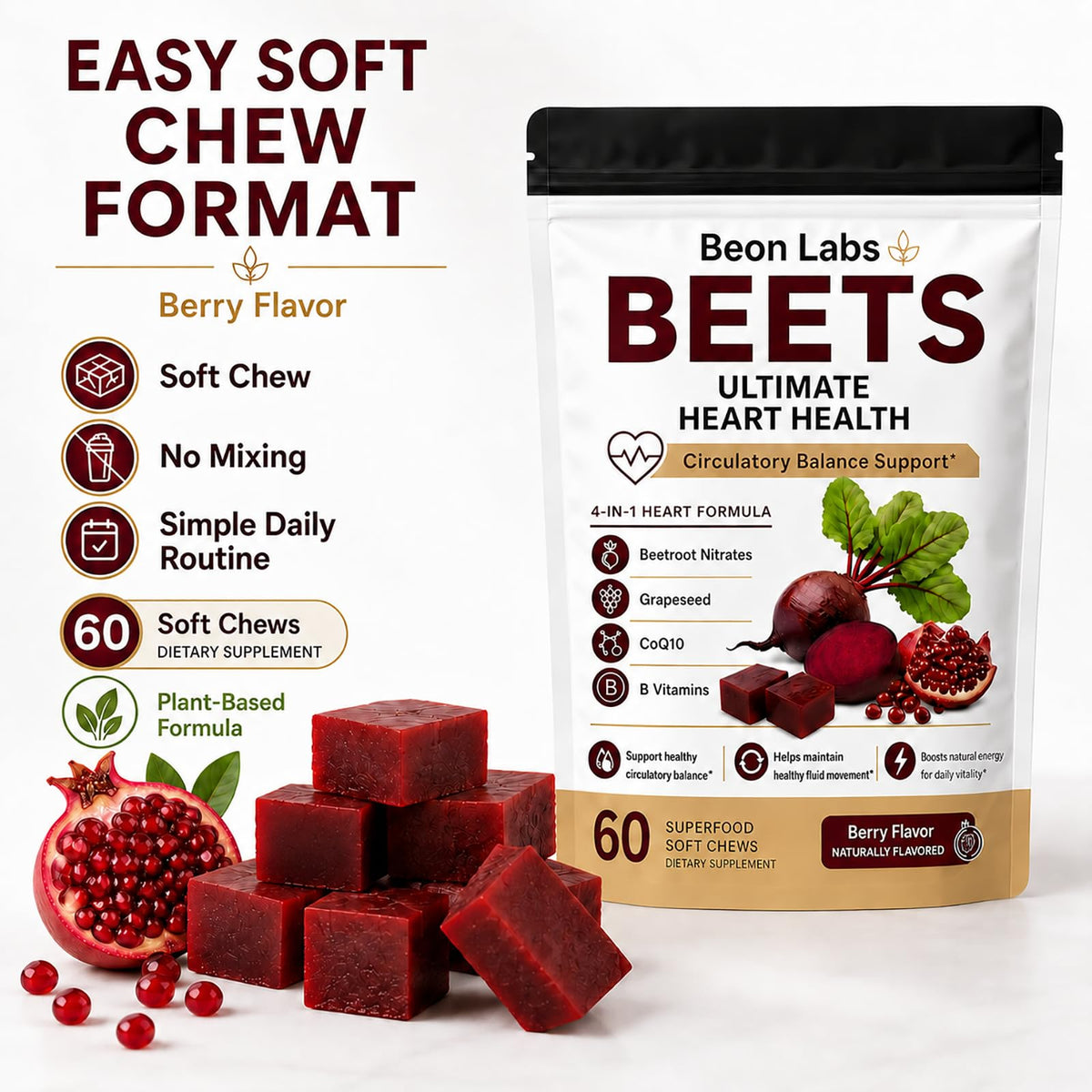 Beetroot Chews with CoQ10 & Grape Seed Extract, 60 Chews C211607
