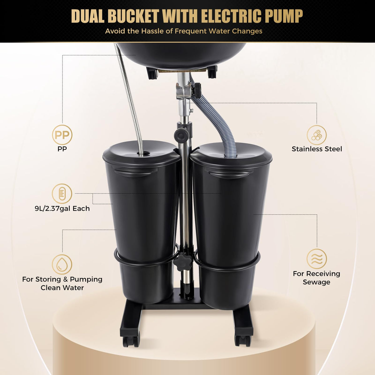 Portable Shampoo Bowl with Electric Pump, 2 Buckets, Adjustable Height J627408