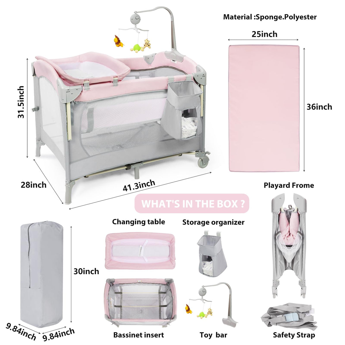 5-in-1 Pink Baby Bassinet Bedside Crib G815