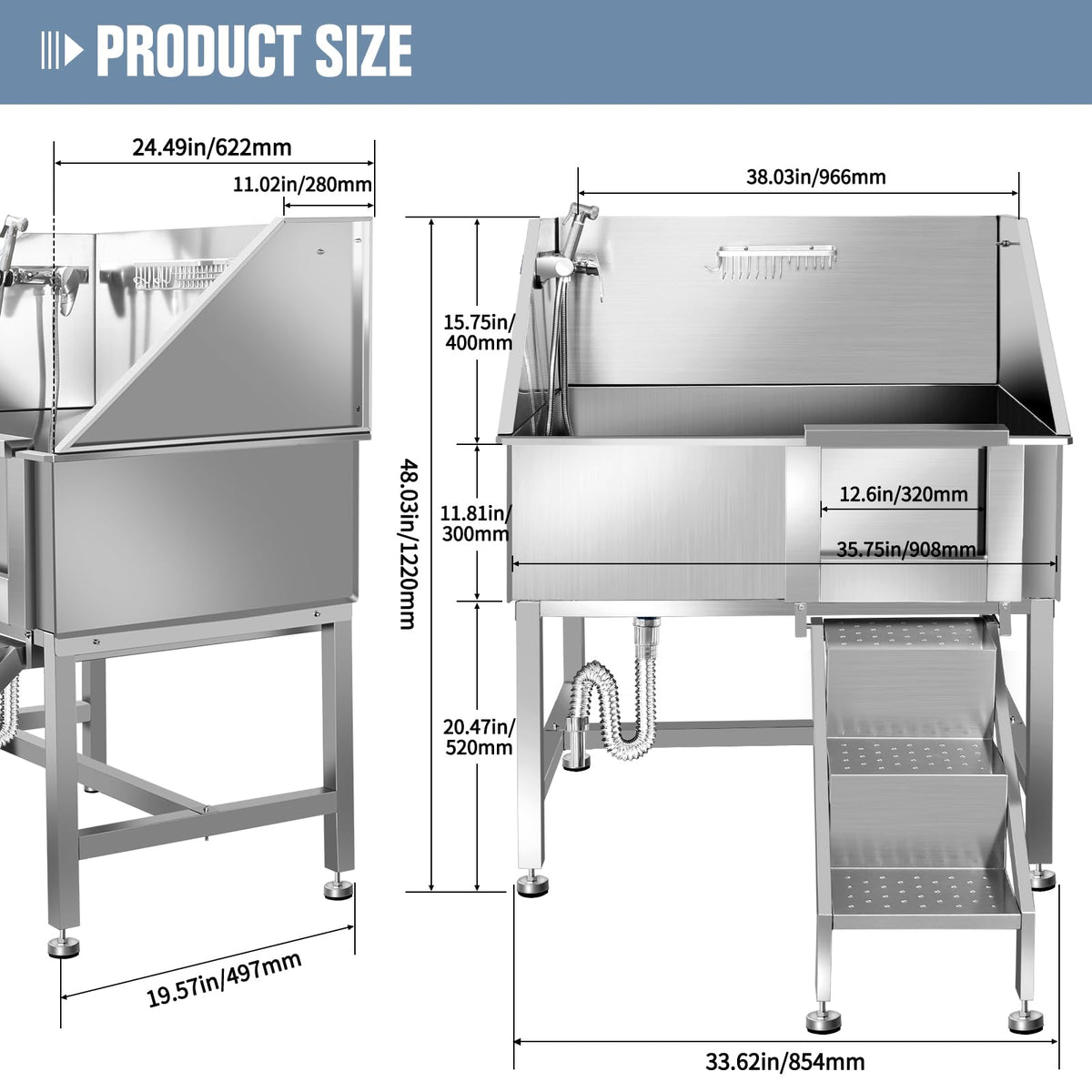 38" Stainless Steel Dog Grooming Tub with Stairs N166559