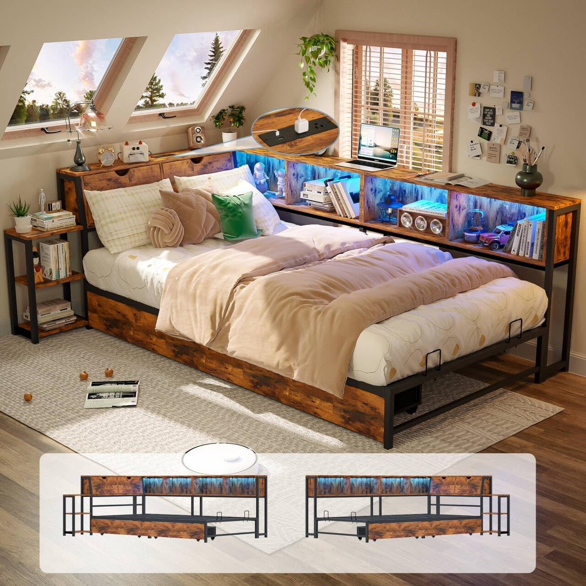 Brown Twin Corner Bed Frame with Storage Bookcase and Bedside Rack Y218905